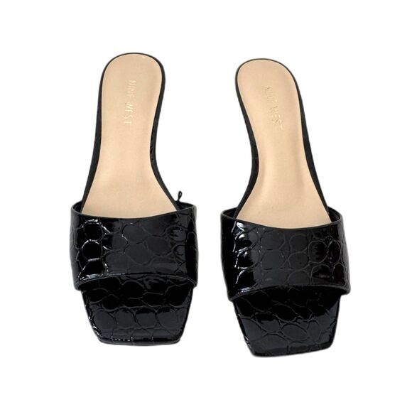 Nine West Black Slides Mules Inya Patent Croc Embossed Size 8 Kitten Heel NEW - Picture 6 of 8